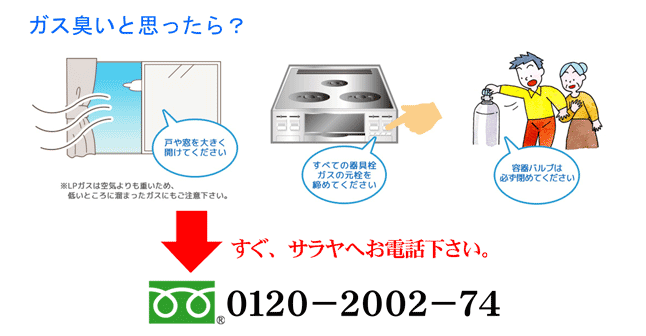 ガス臭いと思ったら？　すぐ、サラヤへお電話下さい。0120-2002-74（固定電話・携帯電話のお客様）